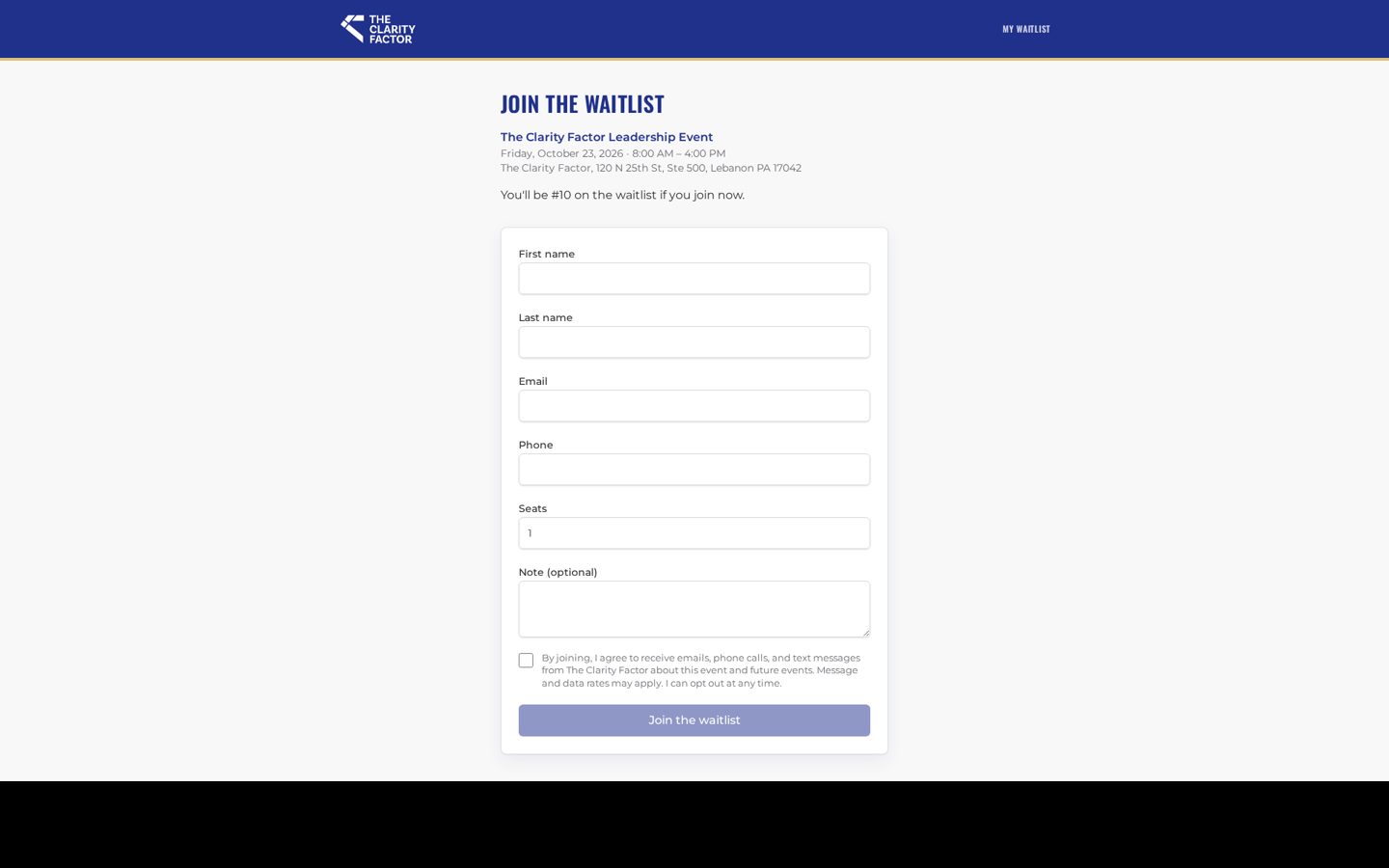 The Clarity Factor Event waitlist platform