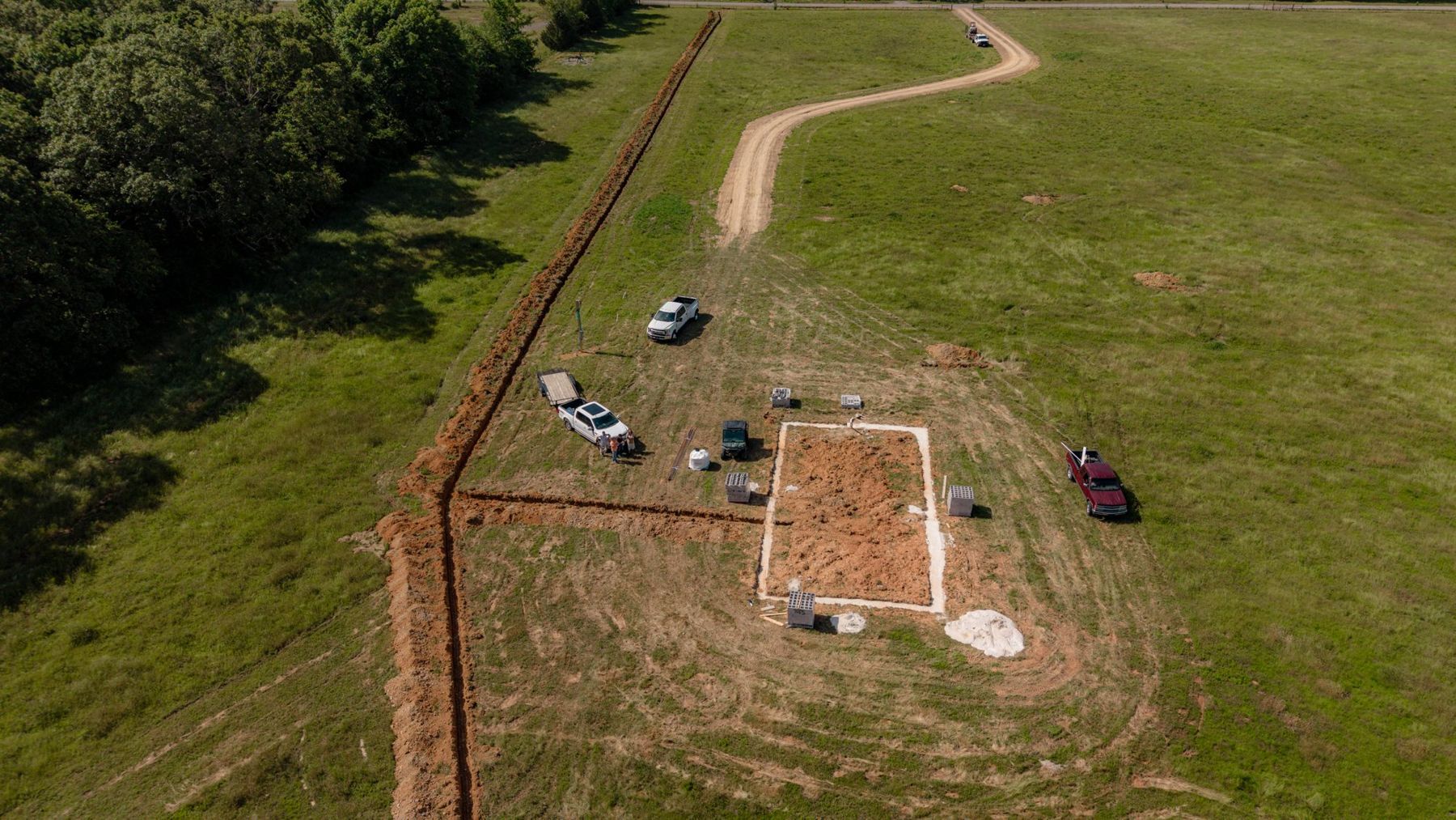Drone aerial of a job site with survey markup